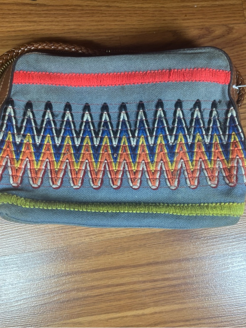 Tory Burch Gray Canvas Crossbody with Multicolor Zigzag Embroidery